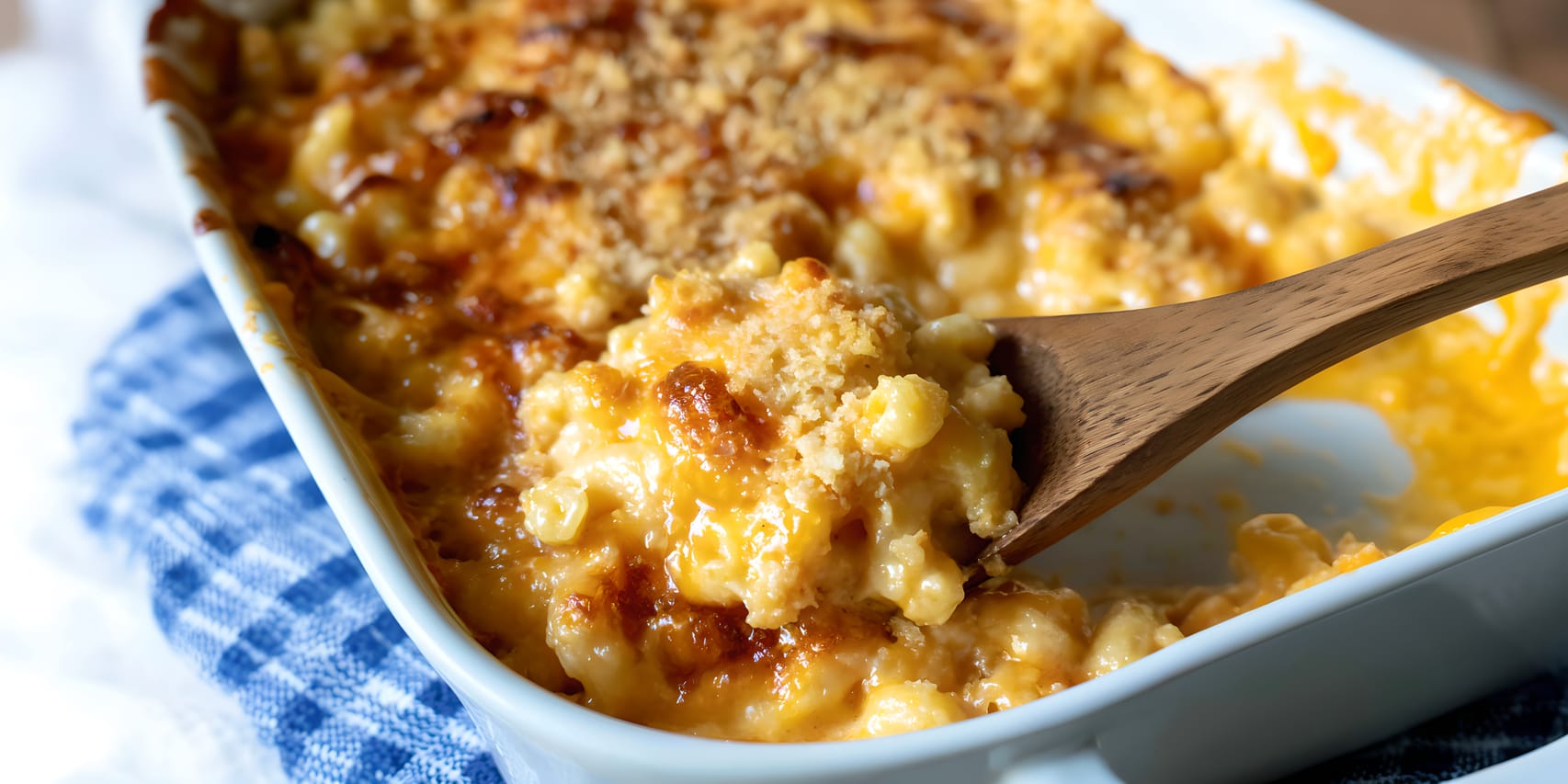 Close-up of baked Southern mac and cheese in a white casserole dish, with a wooden spoon scooping out creamy elbow pasta from a browned, bubbly cheese topping.