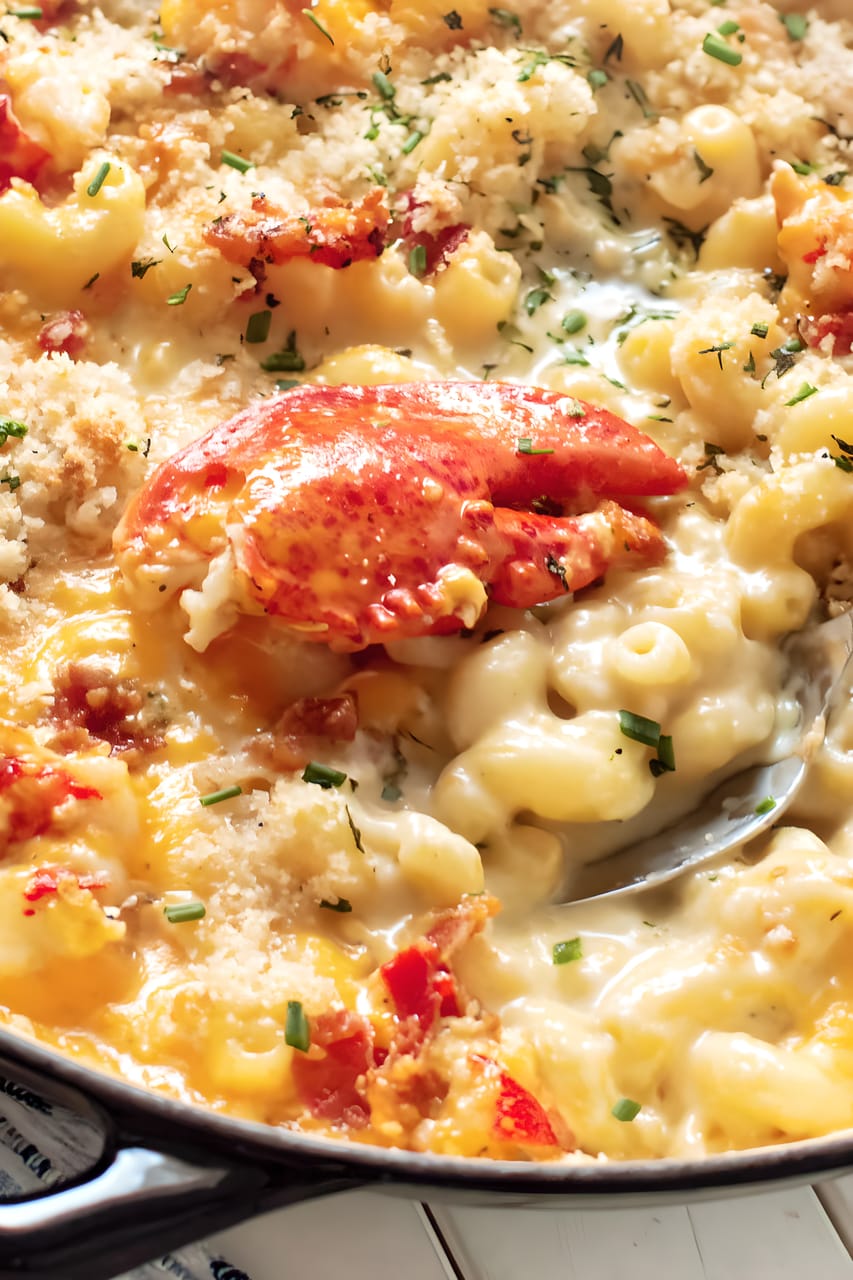 Close-up of lobster mac and cheese in a baking dish, with creamy cheese-coated pasta topped with toasted breadcrumbs, chopped chives, and chunks of bright red lobster; a spoon scoops into the rich, melted sauce.