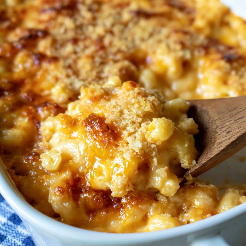Close-up of baked Southern mac and cheese in a white casserole dish, with a wooden spoon lifting a creamy scoop of elbow pasta. The top is golden brown and blistered with a lightly crumbly cheese crust.
