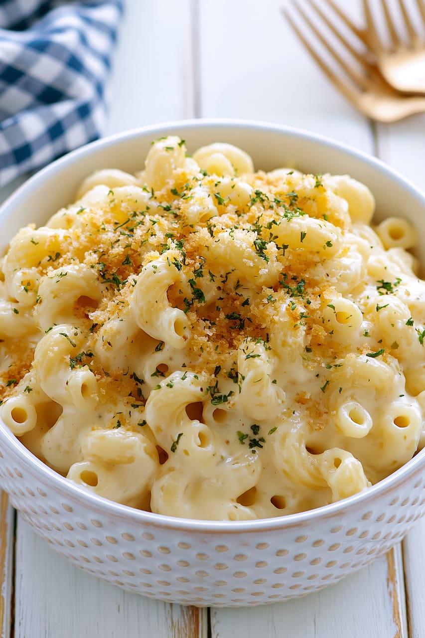 Close-up of creamy macaroni and cheese in a white bowl, topped with golden toasted breadcrumbs and a sprinkle of chopped parsley, with a blurred checkered napkin and gold forks in the background.