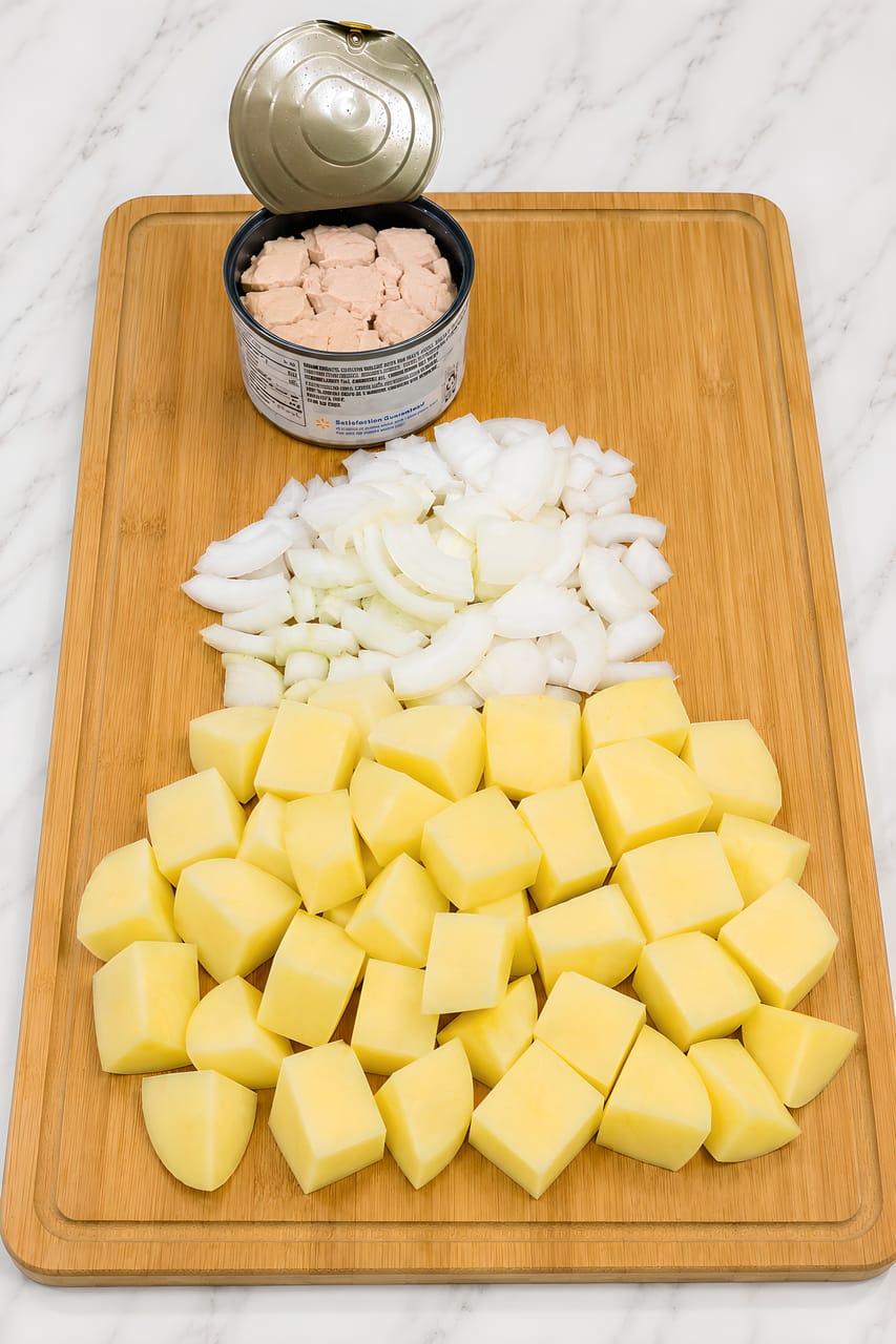 Prep ingredients for chicken potato skillet on a wooden cutting board: an opened can of chunk chicken breast, a pile of chopped white onion, and peeled russet potatoes cut into large cubes.