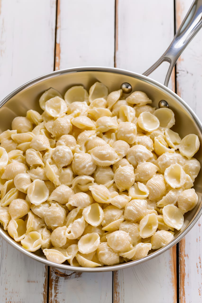 Large pasta shells coated in a creamy white cheese sauce, piled in a stainless steel skillet on a white wooden surface.